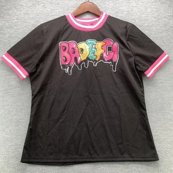 Women Black Bodycon Shirts & Shorts with Sequined Front Logo Set Size XL (A41) - Picture 13 of 13